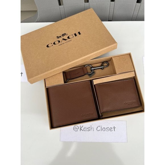 Coach Boxed 3 in 1 Men's Wallet With Trigger Snap Key Fob - Dark Saddle - Picture 4 of 9